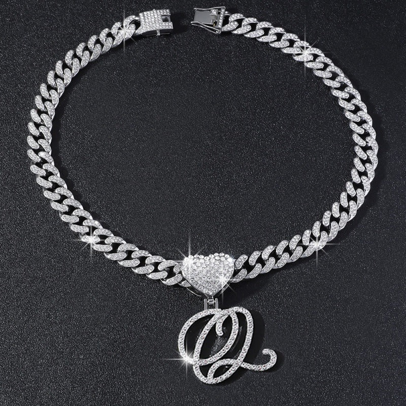 Cursive Initial Letter Necklace With Heart Charm Iced‑Out Cuban Chain, Hip-Hop/Punk Style