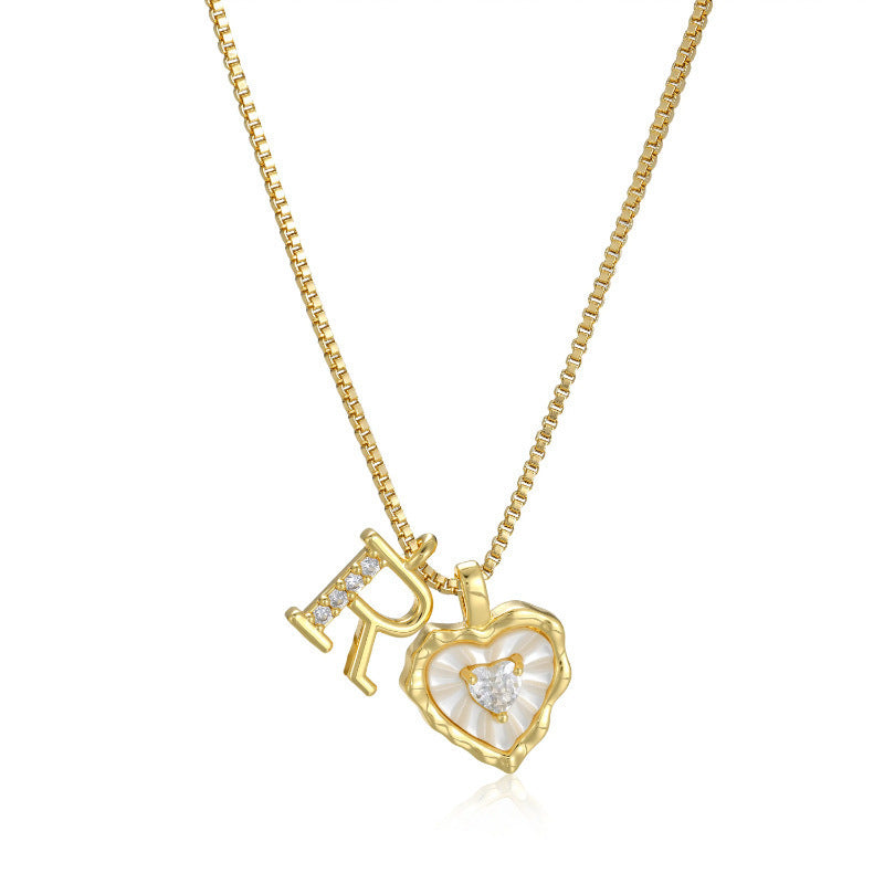 26 Letters Custom Initial Mother-of-Pearl Heart Pendant Necklace, 14K Gold Dainty Personalized Collarbone Jewelry