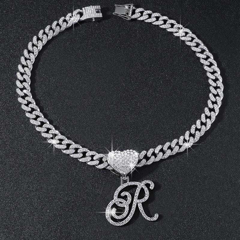 Cursive Initial Letter Necklace With Heart Charm Iced‑Out Cuban Chain, Hip-Hop/Punk Style