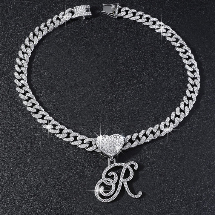 Cursive Initial Letter Necklace With Heart Charm Iced‑Out Cuban Chain, Hip-Hop/Punk Style