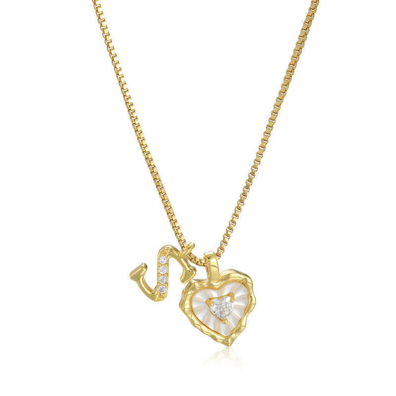 26 Letters Custom Initial Mother-of-Pearl Heart Pendant Necklace, 14K Gold Dainty Personalized Collarbone Jewelry