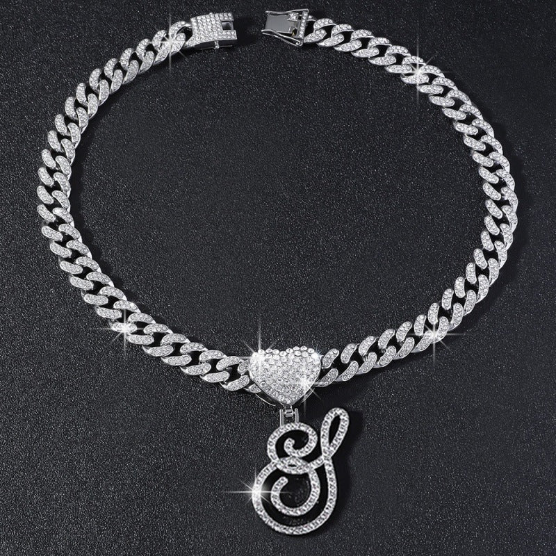 Cursive Initial Letter Necklace With Heart Charm Iced‑Out Cuban Chain, Hip-Hop/Punk Style