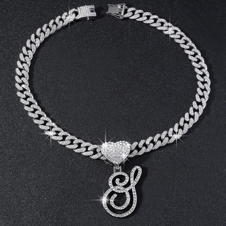 Cursive Initial Letter Necklace With Heart Charm Iced‑Out Cuban Chain, Hip-Hop/Punk Style