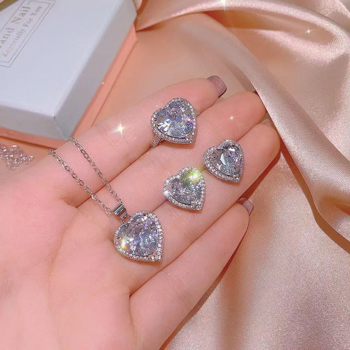 Heart Gemstone Jewelry Set, Elegant Matching Necklace Ring Earrings Set for Women