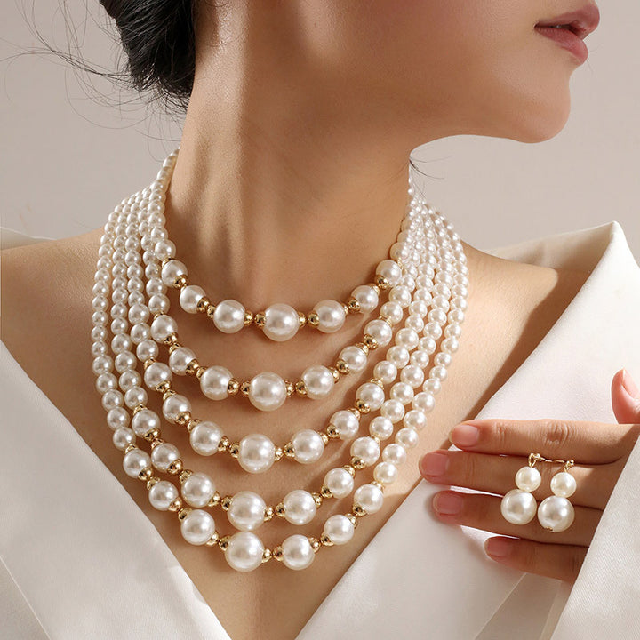Multi‑Style Elegant and Stylish Multi-Layer Pearl Necklace and Earrings Women&