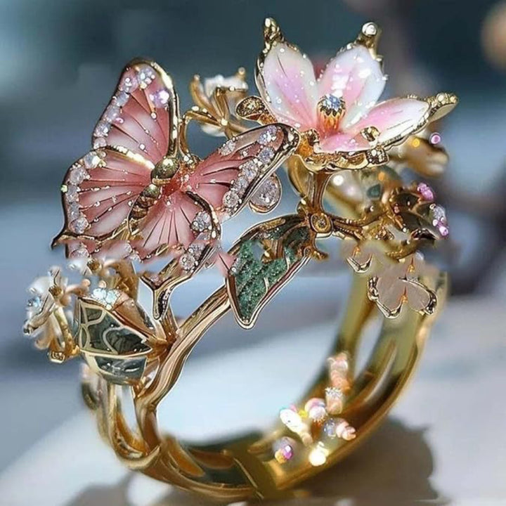 Vintage Nature Inspired Hummingbird &amp; Butterfly Flower Ring, Artistic Open Statement Rings for Women