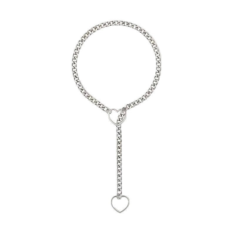 Variant Y-Drop Heart Cuban Chain Choker, Edgy Street Romantic Statement Necklace
