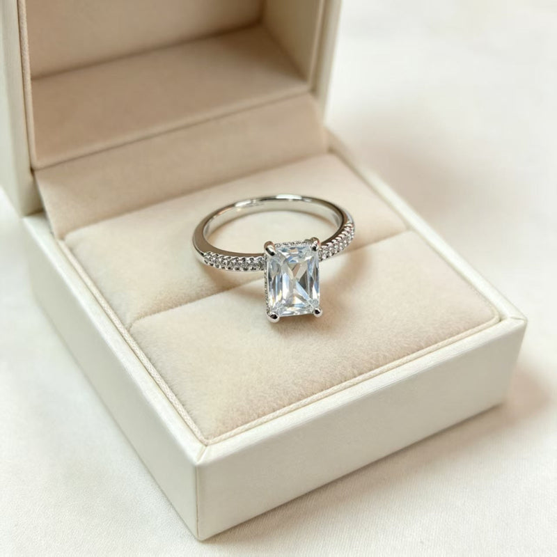 Radiant‑Cut Pave Side Stone Diamond Engagement Ring, Elegant Promise Ring for Women