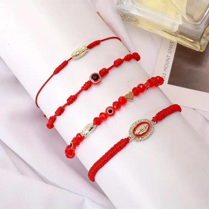 Personalized Virgin Mary Cross With Evil Eye Adjustable Bracelet, Braided Charm Bracelet