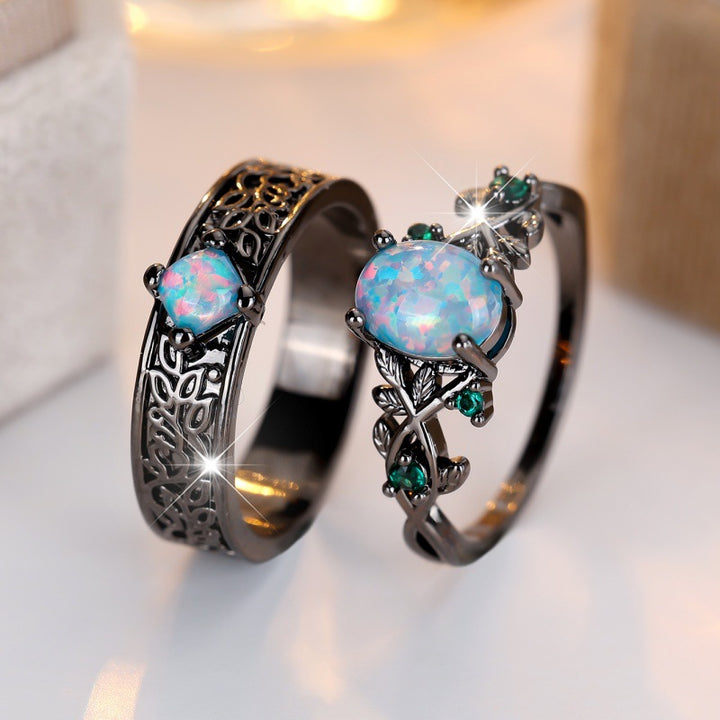 Vine Leaf Couple Ring Set, Gothic Forest Floral Matching His & Hers Promise Wedding Bands