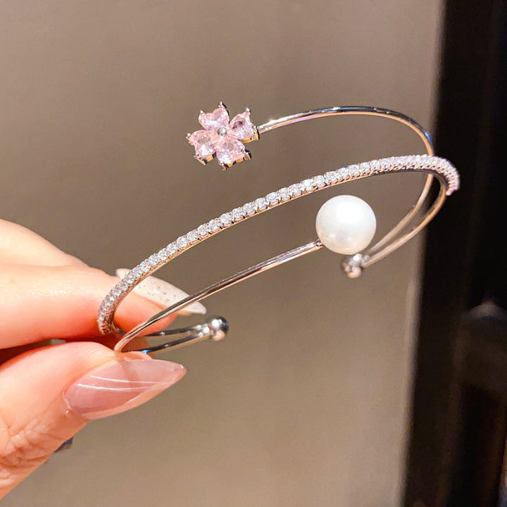 Pink Flower Diamond & Pearl Double Layer Open Cuff Bangle, Elegant Stackable Wrist Bracelet for Women