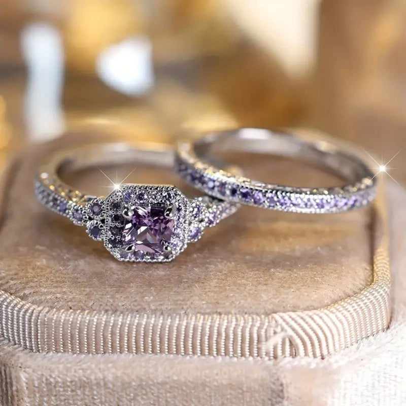 Vintage Halo Stackable Ring Set, Square Cut Diamond Matching Wedding Band Rings for Women