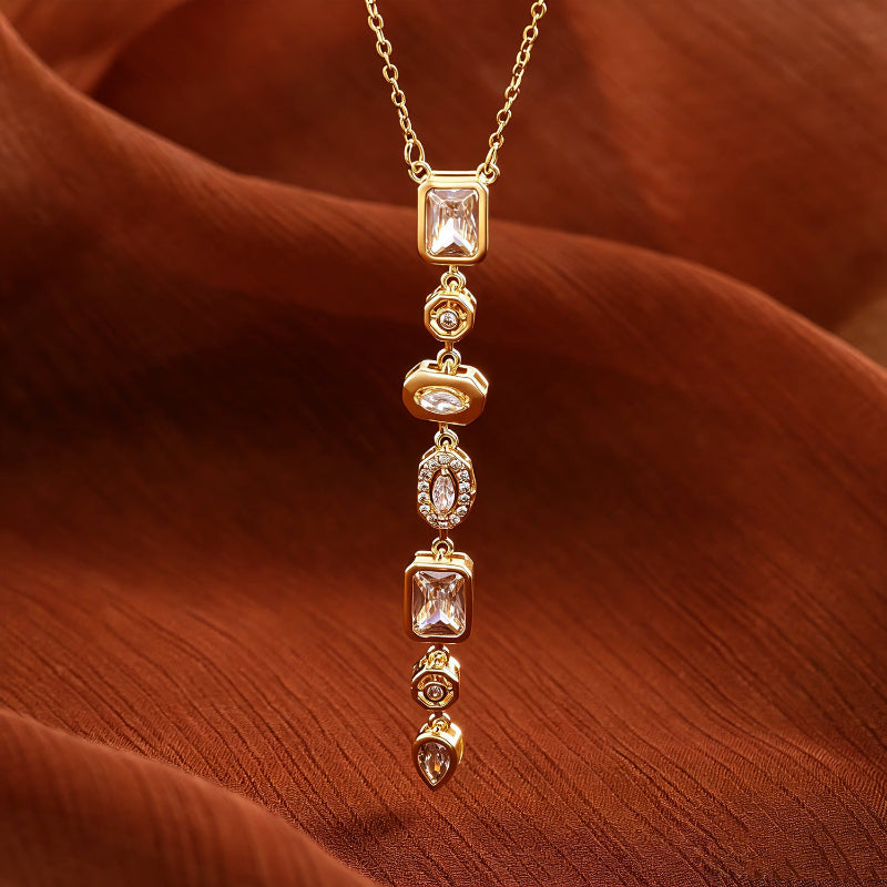 Vertical Tiered Multi-Cut Diamond Gold Drop Necklace, Warm Vintage Collarbone Chain