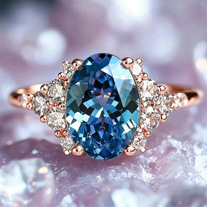 Oval Blue Topaz / Radiant Clear Diamond / Round Green Peridot Floral Side Cluster Promise Rings