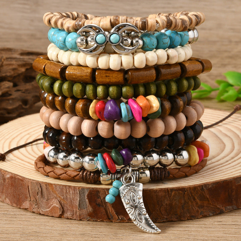 Boho Multi‑Layer Wooden Bead Stackable Bracelet Sets, Vintage Ethnic Mixed‑Media Statement Wrist Jewelry