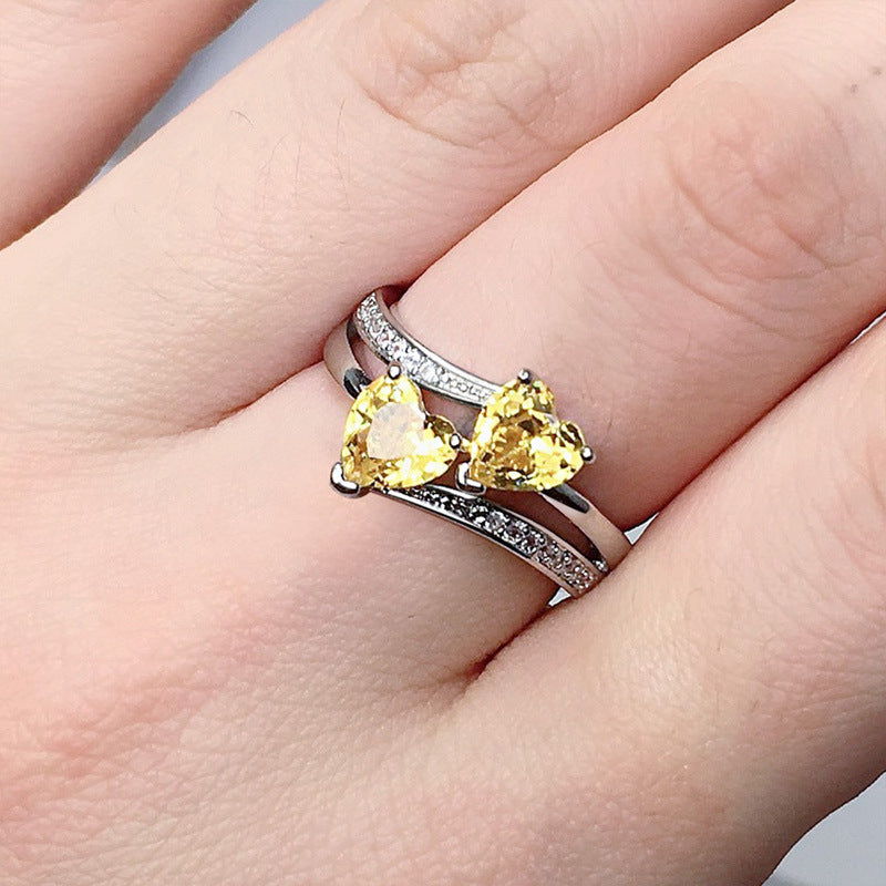 Two Heart Gemstone Twisted Band Ring, Multi-color Optional Romantic Statement Ring for Women