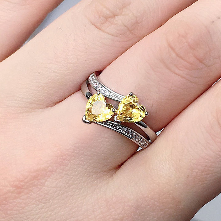 Two Heart Gemstone Twisted Band Ring, Multi-color Optional Romantic Statement Ring for Women