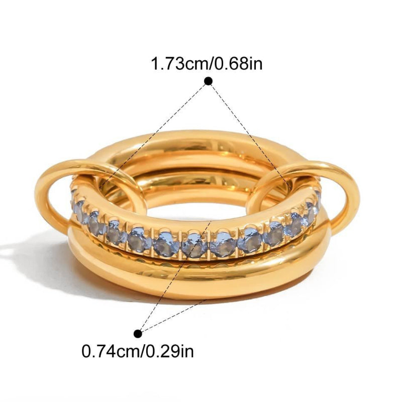Interlocked Double Band Colorful Gem Ring, Waterproof Stackable Linked Ring For Women & Men