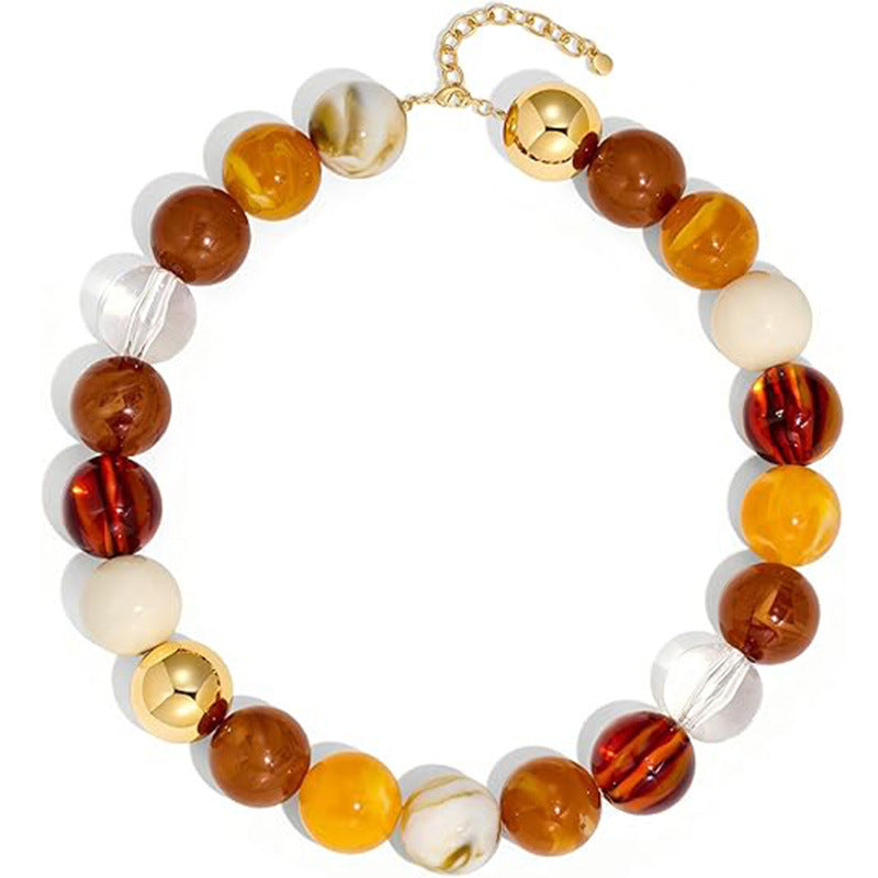 Marbled Resin Round Bead Choker Necklace, Adjustable Gold Chain Bold Statement Summer Women Collar Jewelry