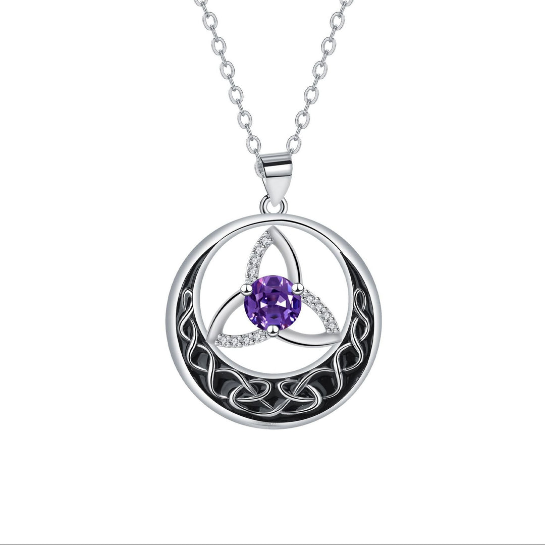 Celtic Trinity Knot Moon Pendant Necklace, S925 Silver, 12 Birthstone Color Options
