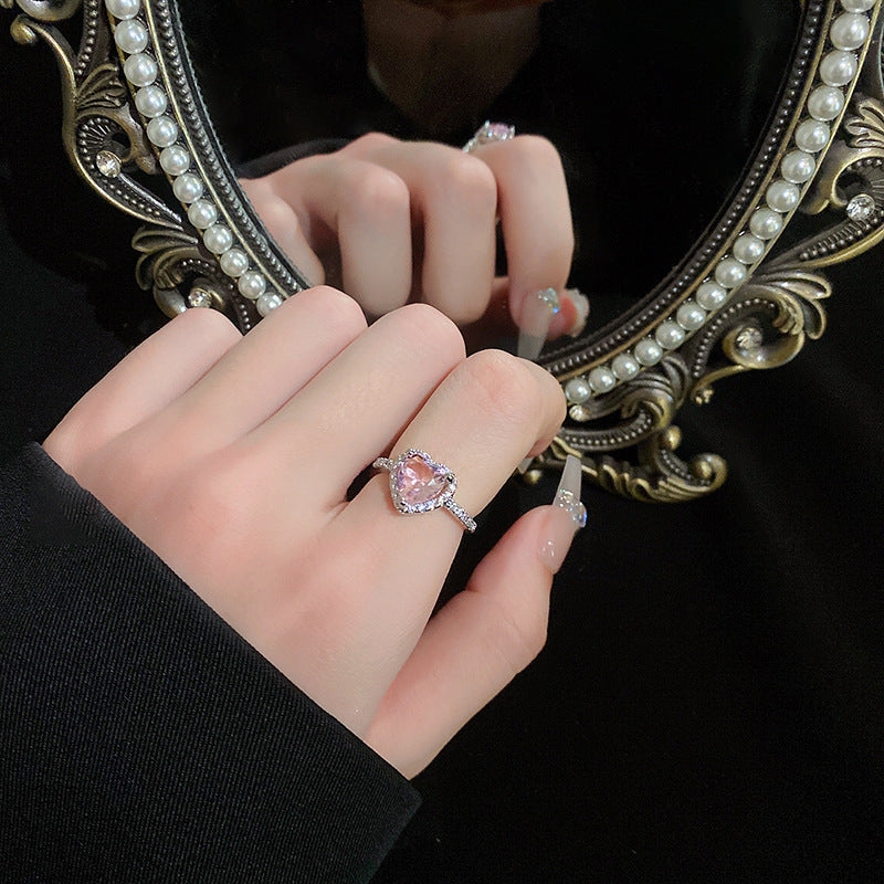 Adjustable Opening Pink Heart Halo Diamond Ring, Pear Side Stone Romantic Promise Engagement Ring For Women