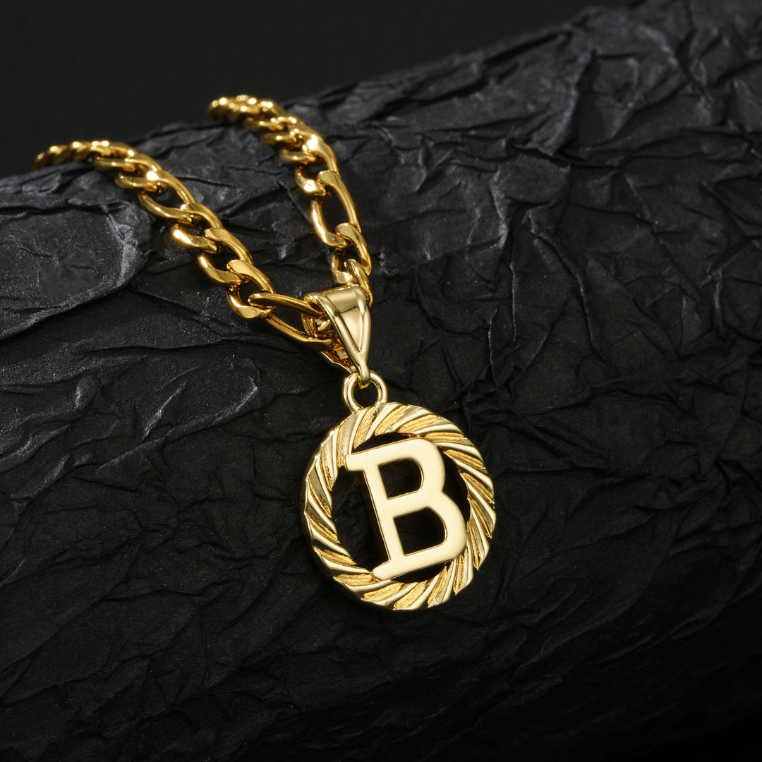 26 Initial Letter Necklace, Twisted Round Alphabet Pendant Figaro Chain for Men Women