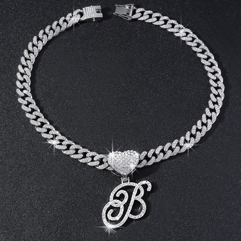 Cursive Initial Letter Necklace With Heart Charm Iced‑Out Cuban Chain, Hip-Hop/Punk Style