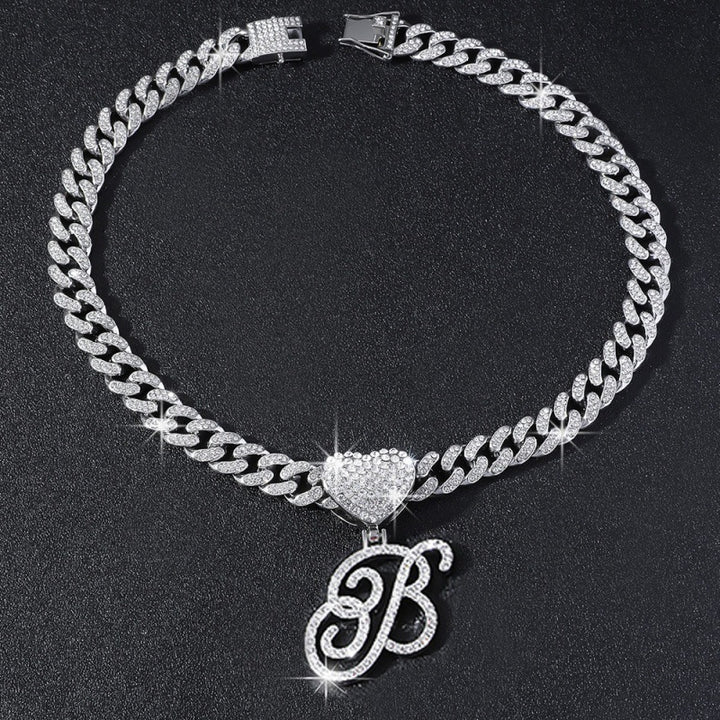Cursive Initial Letter Necklace With Heart Charm Iced‑Out Cuban Chain, Hip-Hop/Punk Style