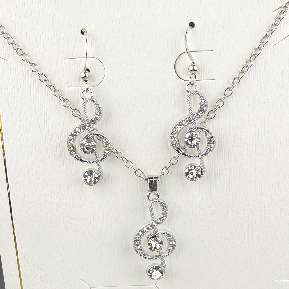 Treble Clef Diamond Jewelry Set, Music Note Dangle Earrings & Pendant Necklace, Music Lover Gift