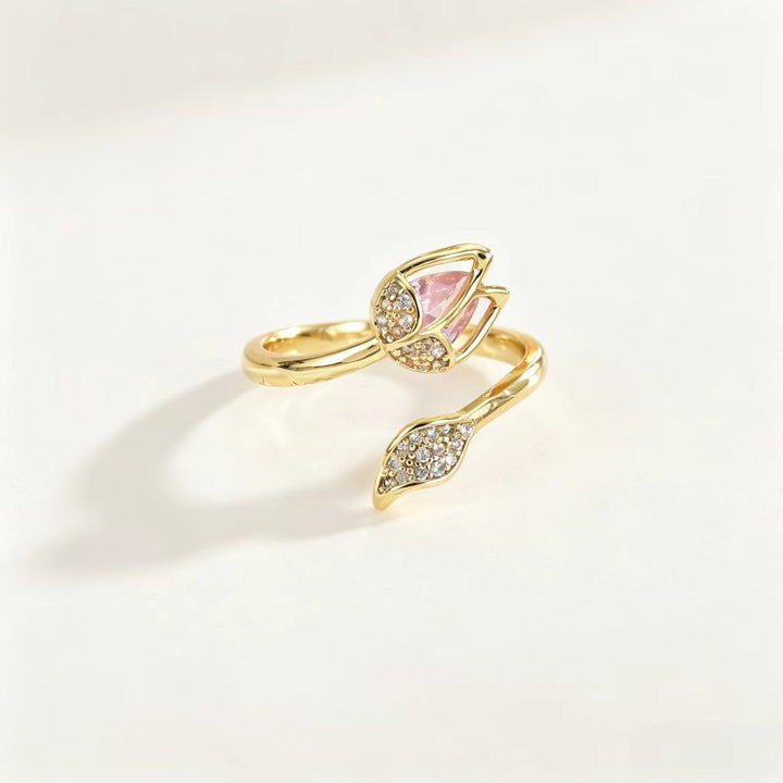 Tulip Flower Open Adjustable Ring, Elegant Teardrop Stone Floral Statement Ring for Women
