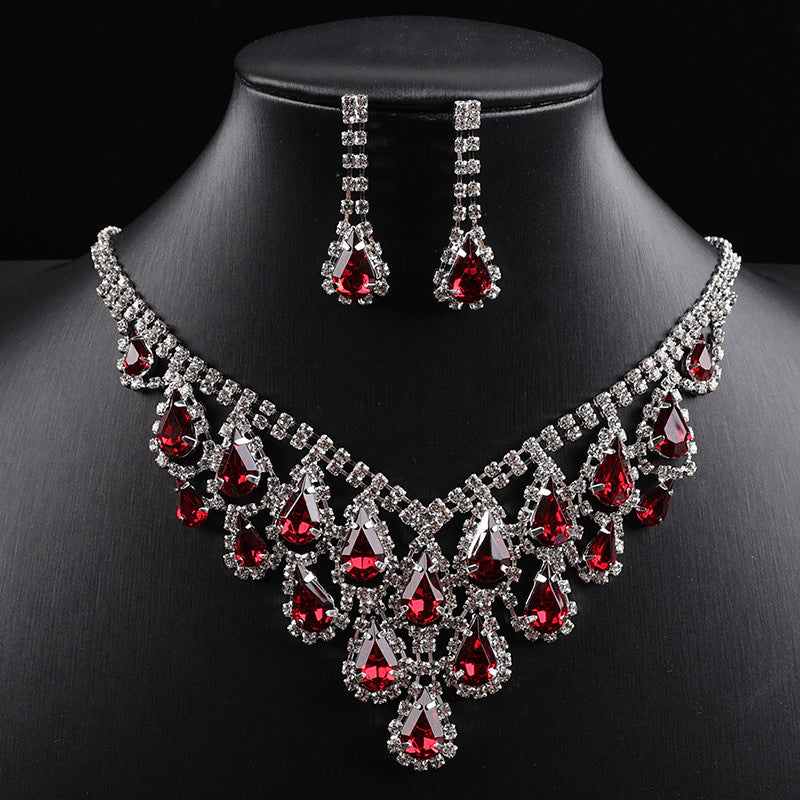 Teardrop Colored Gem Diamond Halo Bib Jewelry Set, Silver Gala Necklace & Drop Earring Kit