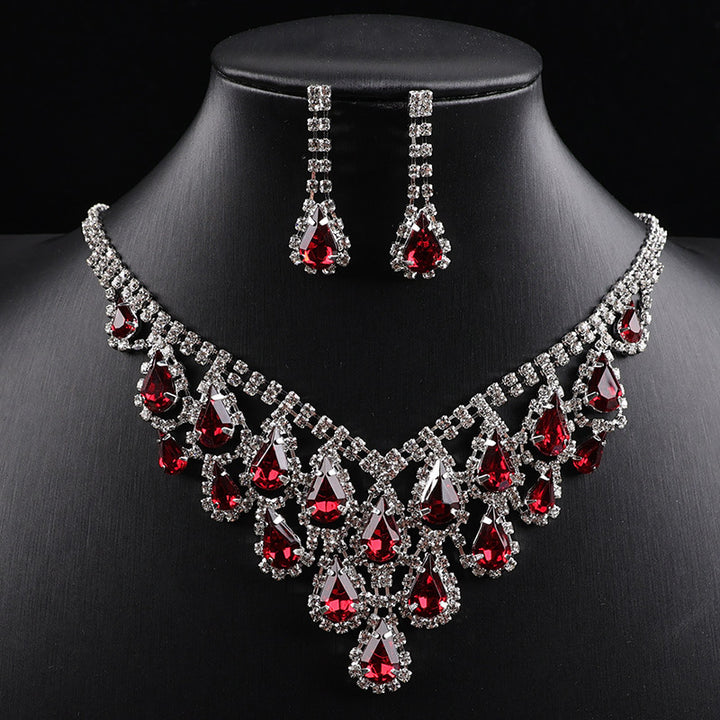 Teardrop Colored Gem Diamond Halo Bib Jewelry Set, Silver Gala Necklace & Drop Earring Kit
