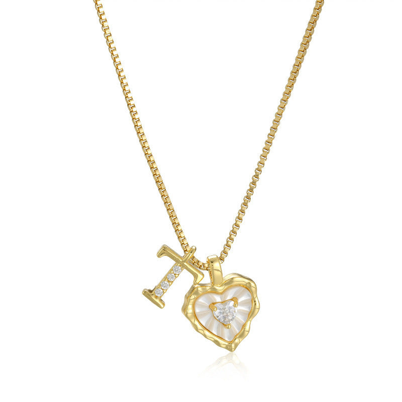 26 Letters Custom Initial Mother-of-Pearl Heart Pendant Necklace, 14K Gold Dainty Personalized Collarbone Jewelry