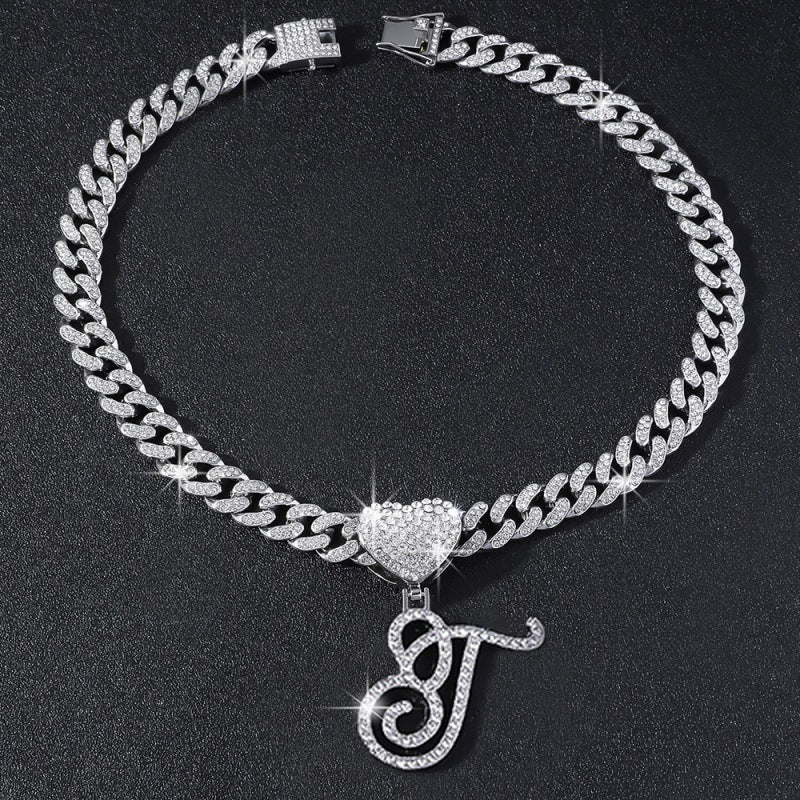 Cursive Initial Letter Necklace With Heart Charm Iced‑Out Cuban Chain, Hip-Hop/Punk Style