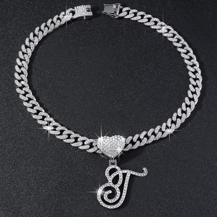 Cursive Initial Letter Necklace With Heart Charm Iced‑Out Cuban Chain, Hip-Hop/Punk Style