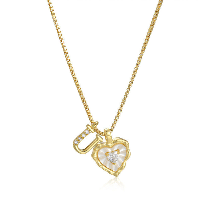 26 Letters Custom Initial Mother-of-Pearl Heart Pendant Necklace, 14K Gold Dainty Personalized Collarbone Jewelry
