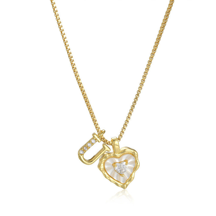 26 Letters Custom Initial Mother-of-Pearl Heart Pendant Necklace, 14K Gold Dainty Personalized Collarbone Jewelry