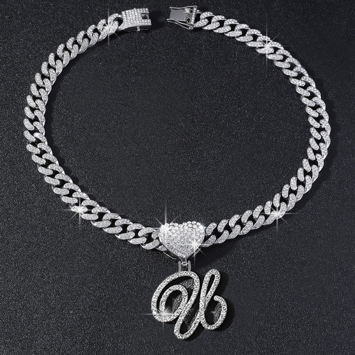Cursive Initial Letter Necklace With Heart Charm Iced‑Out Cuban Chain, Hip-Hop/Punk Style
