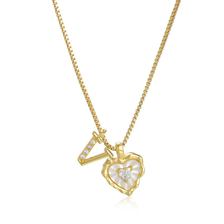 26 Letters Custom Initial Mother-of-Pearl Heart Pendant Necklace, 14K Gold Dainty Personalized Collarbone Jewelry