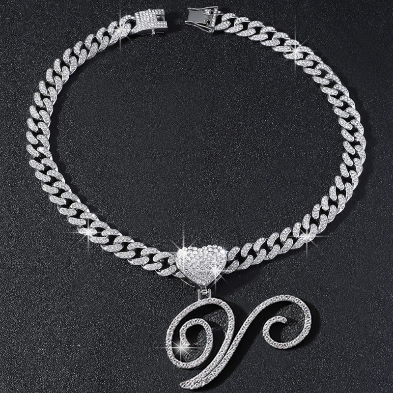 Cursive Initial Letter Necklace With Heart Charm Iced‑Out Cuban Chain, Hip-Hop/Punk Style