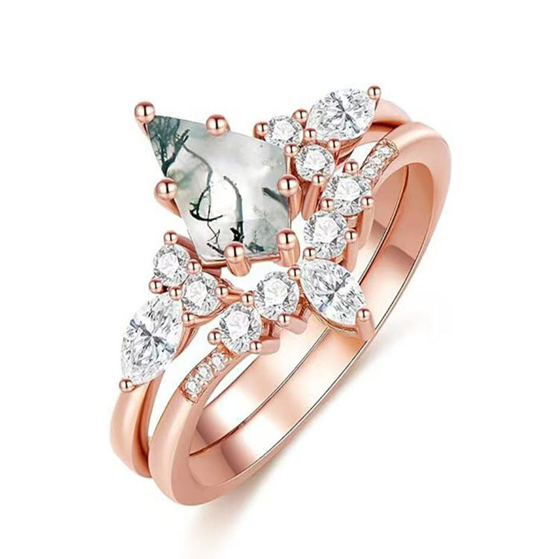 Heart Halo Stack Bridal Ring & Moss Agate Floral Rose Gold Ring Collection, Romantic Promise Ring Sets