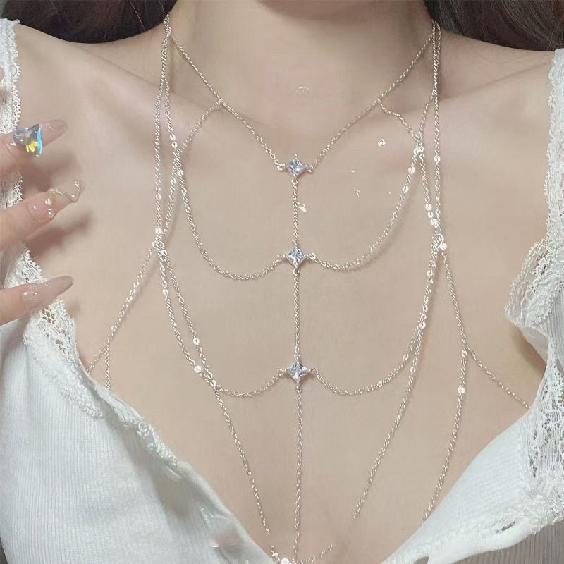 Multi-Style Layered Diamond Body Chain, 2 Tone Glam Party Chest Statement Jewelry