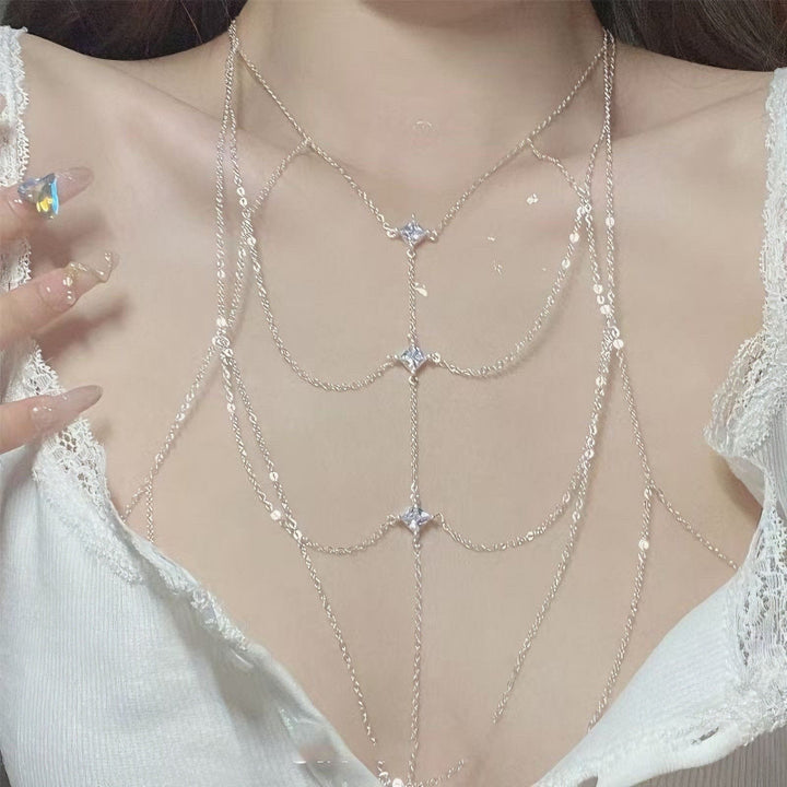 Multi-Style Layered Diamond Body Chain, 2 Tone Glam Party Chest Statement Jewelry