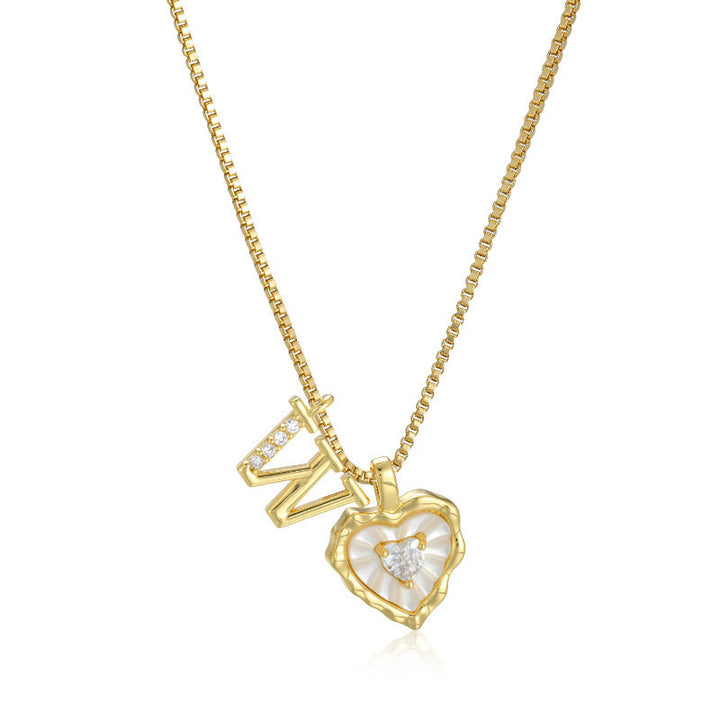 26 Letters Custom Initial Mother-of-Pearl Heart Pendant Necklace, 14K Gold Dainty Personalized Collarbone Jewelry