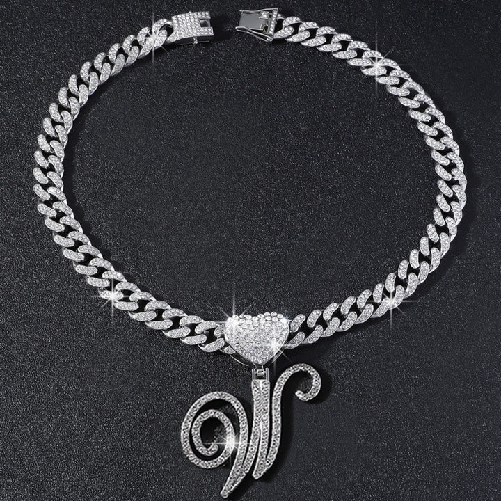 Cursive Initial Letter Necklace With Heart Charm Iced‑Out Cuban Chain, Hip-Hop/Punk Style