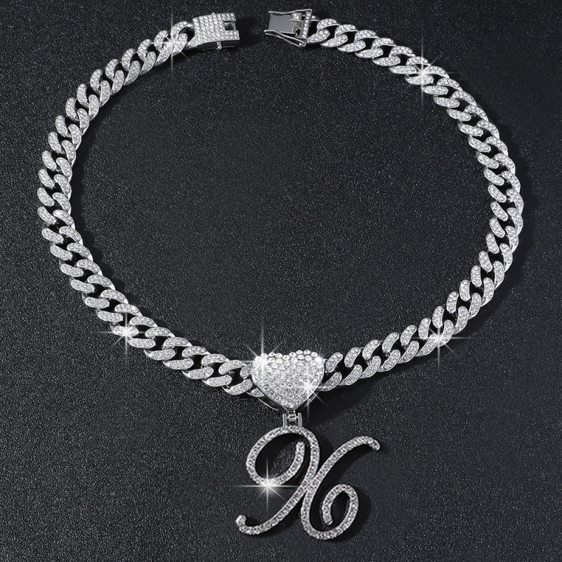 Cursive Initial Letter Necklace With Heart Charm Iced‑Out Cuban Chain, Hip-Hop/Punk Style