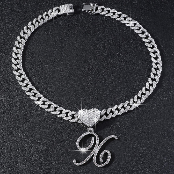 Cursive Initial Letter Necklace With Heart Charm Iced‑Out Cuban Chain, Hip-Hop/Punk Style