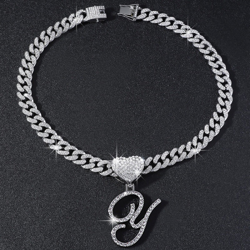 Cursive Initial Letter Necklace With Heart Charm Iced‑Out Cuban Chain, Hip-Hop/Punk Style