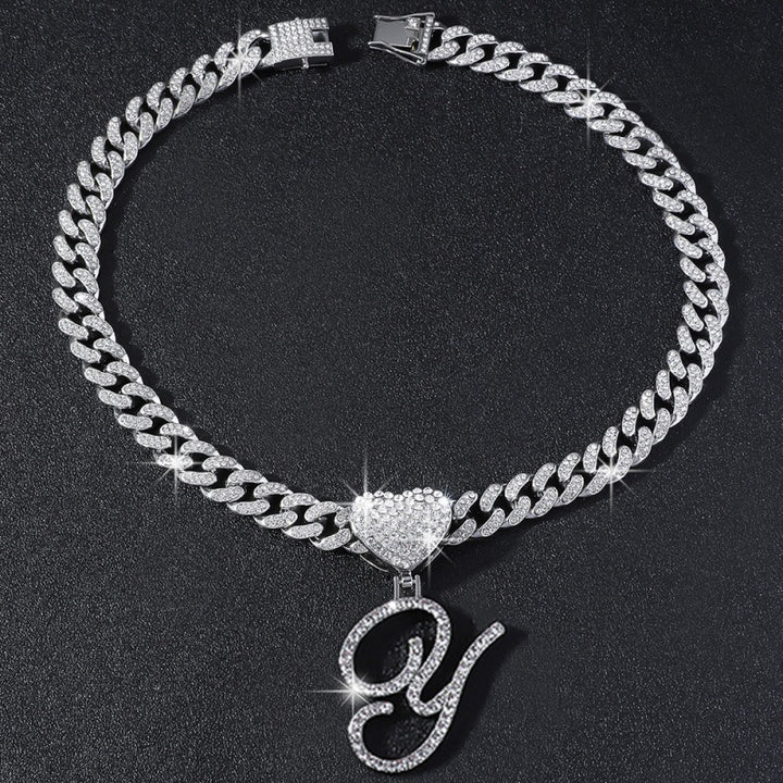 Cursive Initial Letter Necklace With Heart Charm Iced‑Out Cuban Chain, Hip-Hop/Punk Style