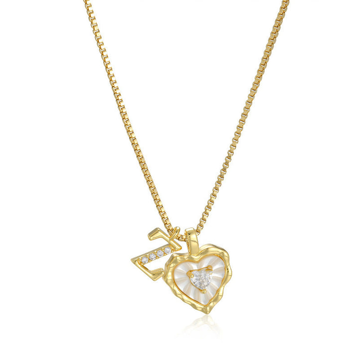 26 Letters Custom Initial Mother-of-Pearl Heart Pendant Necklace, 14K Gold Dainty Personalized Collarbone Jewelry